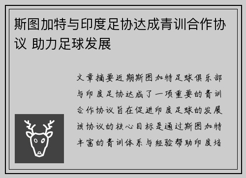 斯图加特与印度足协达成青训合作协议 助力足球发展